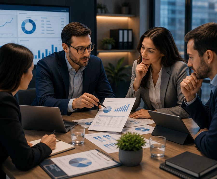 Equipe designada em reunião estratégica analisando indicadores e relatórios gerenciais